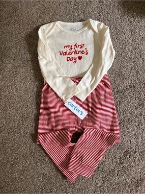 Carter's Cream Top with Red Script & Red-Striped Pants Set